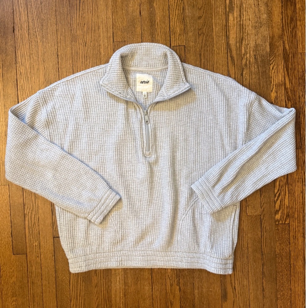 Aerie Womens Waffle Knit Quarter Zip Pullover Sweatshirt Light Gray Size Small